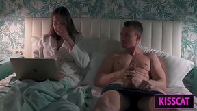 Busty tattooed brunette MILF helps stepson to cum in share bed