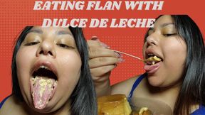 Eating flan with dulce de leche