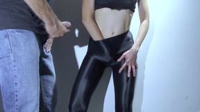 He cums all over my shiny spandex leggings
