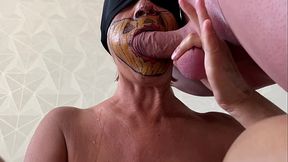 Tanned MILF gets big cock in mouth, cums on her face
