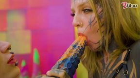 Heavy Tattooed Lesbian Toy Ride ANAL &mdash;  ATM &mdash;  and Fantasy Dildo Fun