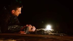 ”Night time ass pumping training by the crackling fire pit for petite sexy girl Brooke Johnso”