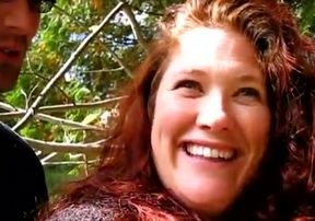 Giggling curly red haired BBW wanna be fucked doggy in the forest