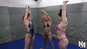 Two Plump Women Stretching a Petite Blonde in a Rough Workout