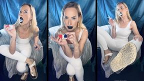 Asthmatic Smoking Girl Chain smokes marlboro red in white catsuit & birkis