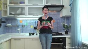 hot housewife in the kitchen decided to try a new method of masturbation and took a potato masher to shove it into her hairy lustful cunt nimfa mannay