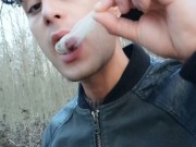 Twink uses cum filled condom after fuck like bubble gum and puts on a condom on his tongue
