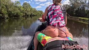 Hot blonde rides jet ski and gets fucked under the bridge