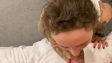 Slutty girl sucks off her boyfriend's friend and gets cumshot in her eyes!
