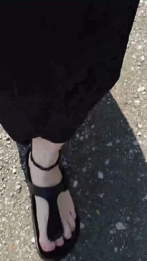 Outdoor in a Black Caftan and Barefoot in Black Birkenstocks