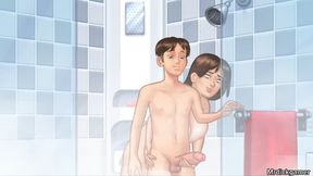 Busty milf jerks her stepson in the shower creampies sex