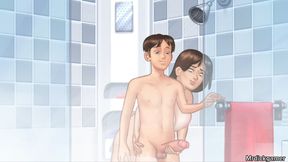 Busty milf jerks her stepson in the shower creampies sex