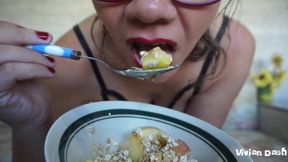 Hottie in Lingerie eats breakfast making noises
