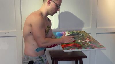 Muscle Twink Uses His Body to Create Fauvist Painting then Cums on It