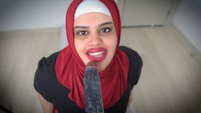 Arab StepMom Wearing Hijab Rides Dildo.