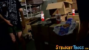 Skinny straight twinks jerk off together and cum on food