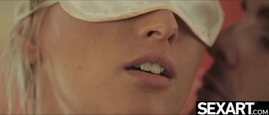Blindfolded blonde Uma Zex experiences intense orgasms while getting oiled up and pounded