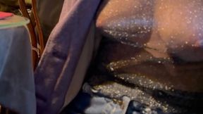 Blonde solo vixen flashes big tits in public cafe