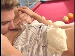 Blonde gives blowjob before having sex on a pool table