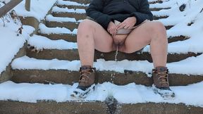 Snowy Stairs Peep Show: Cold, Wet, and Explicit