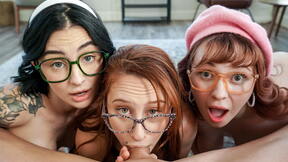 ”P-O-V fucking three big boobed nerd girlfriends”