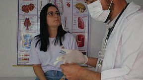 Perverted doctor rubbed his dick against patient's pussy during examination