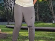 Public cum in grey sweatpants