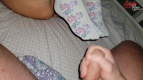 Footjob and wanking in white socks cumshot on socks
