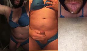 Secretly wearing my wife's bikini made me cum so hard I licked all of it up