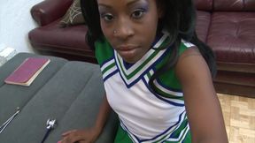 Ebony girl sucks a huge cock then rides it hard on the sofa