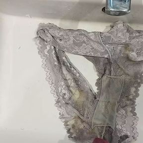 Peeing on wifes cummy knickers