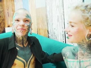 Tattooed Lesbo Toy Play Fingering and Twat Licking