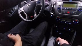 Amateur MILF gives a handjob to a taxi driver and teases him in the car, in public