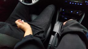 Amateur MILF gives a handjob to a taxi driver and teases him in the car, in public