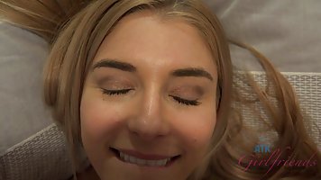 Horny blonde chick, Nikki Peach is moaning while cumming, instead of getting ready for work