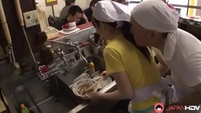 Sexy Japanese waitress Asuka gets gangbanged and creampied in public