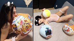 Jade blows up three beach balls in her bedroom 4K
