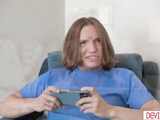 Teen River Lynn finds out her stepcousin is watching porn.That babe invites him to masturbate with her,then afterward sucks his large wang and screws him.