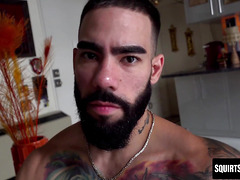 Tattooed Papi Suave jerks his uncut cock in solo cum explosion