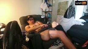 Guy with disability shoots load onto stomach