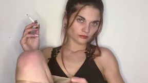 Smoking Redhead in Black — Endless Drags, Crimson Lips & Pantyhose Destruction”