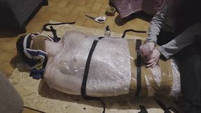 Handjob with sextoy mummified in plastic foil post orgasm torment for 4 minutes long !