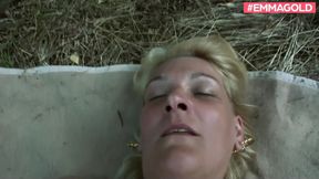 Fuck the old blonde milf outdoor in the forest