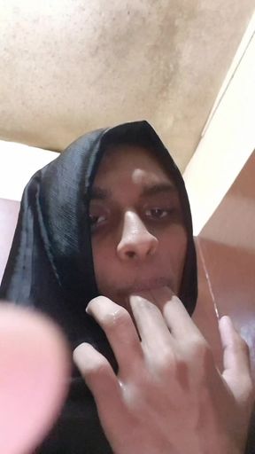 Asian sissy hijabi masterbation  fingering and spitt fetish