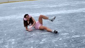 Skating on ice rink in underwear, skating on ice nude, hard shivering girl on ice