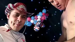 Steamy blonde Amy seduces two men with her thick melons and clenching body