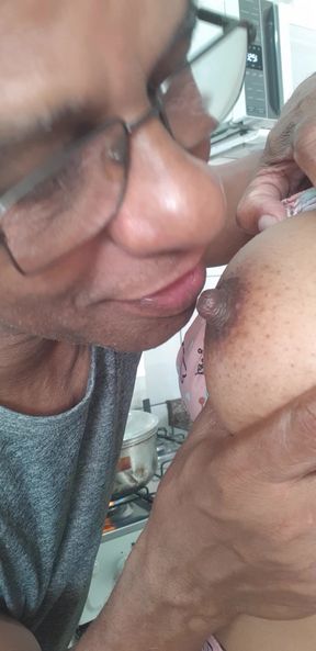 My cuckold filmed my lover sucking my titty.