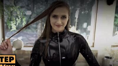 Stacy Cruz wears black latex for this POV-style sex video