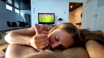 Watching Soccer Match Interrupted by Blowjob from Hot Blonde