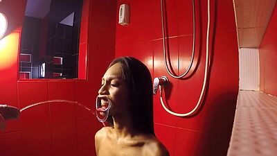 Bound Asian ladyboy Game gets piss in her mouth before she gave great head